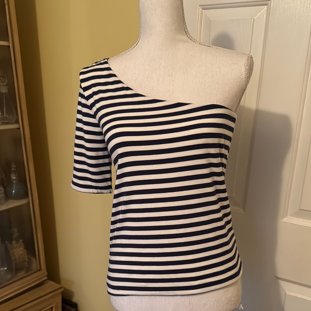 J. Crew Form Knit Navy & White Striped Off-Shoulder Top